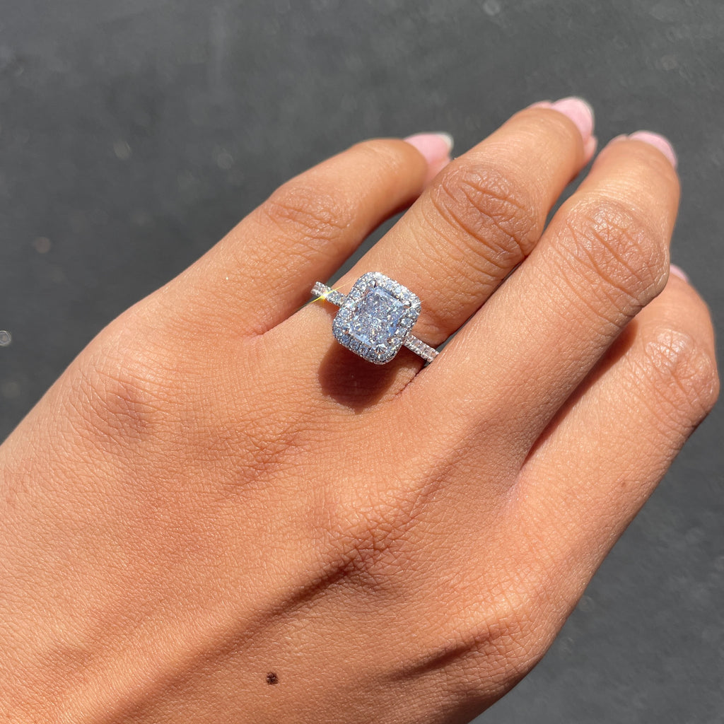 1.51 Carat Radiant Natural Diamond Engagement Ring with 2D Halo | Engagement Ring Wednesday - Happy Jewelers Fine Jewelry Lifetime Warranty
