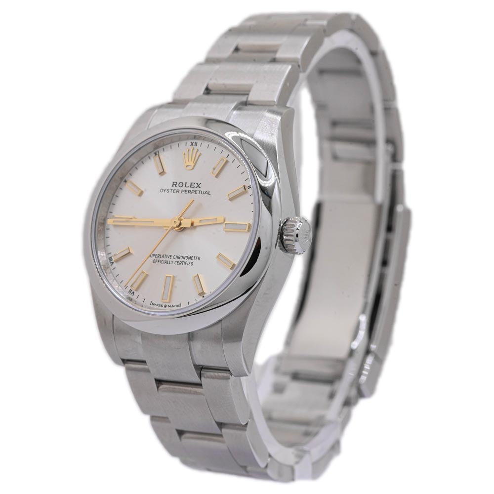 Rolex Unisex Oyster Perpetual Stainless Steel 34mm Silver Stick Dial Watch Ref# 124200 - Happy Jewelers Fine Jewelry Lifetime Warranty