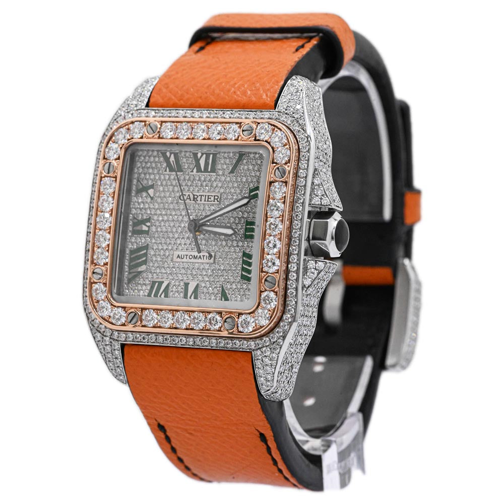 Cartier Men's Santos 100 Stainless Steel 39mm Custom Pave Diamond Dial w/ Green Roman Markers Watch Reference #: W20121U2 - Happy Jewelers Fine Jewelry Lifetime Warranty