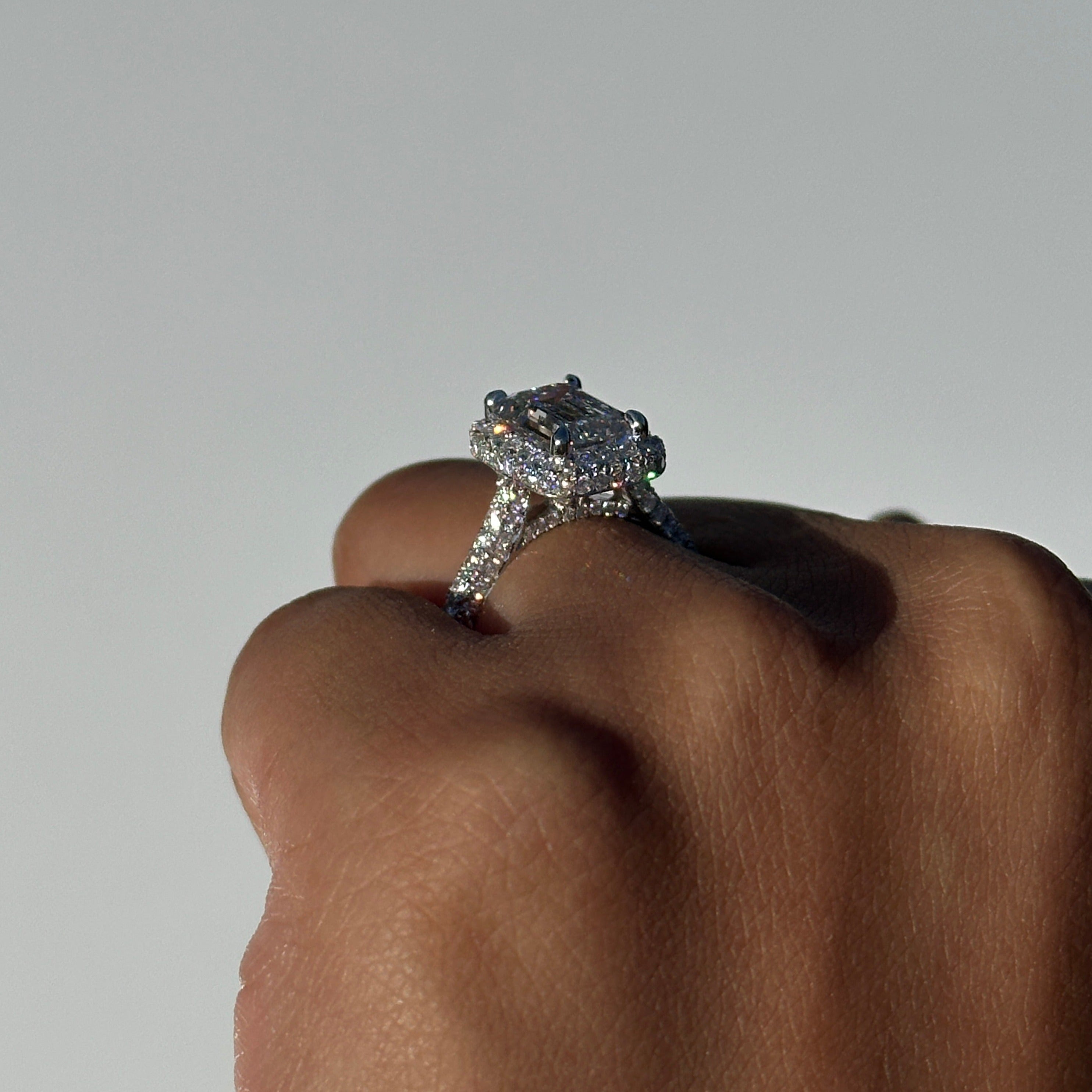 3.00 Carat Emerald Lab Created Diamond Engagement Ring with 2D Halo and 3D Band - Happy Jewelers Fine Jewelry Lifetime Warranty