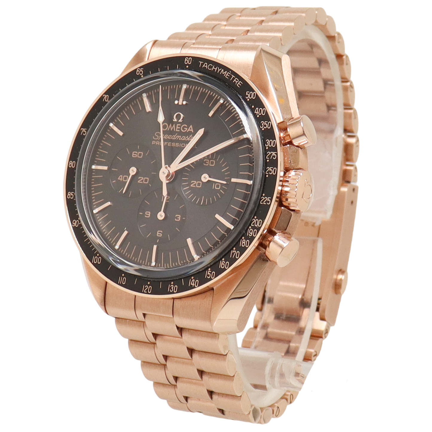 Rose Gold Omega Speedmaster 42mm Black Chronograph Dial Watch Happy Jewelers