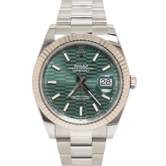 Rolex Datejust 41mm Stainless Steel Mint Green Fluted Motif Stick Dial Watch Reference# 126334 - Happy Jewelers Fine Jewelry Lifetime Warranty