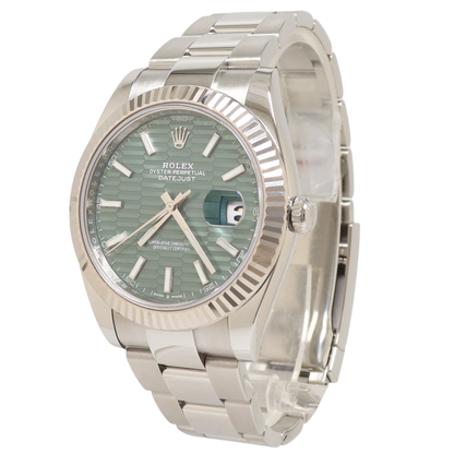 Rolex Datejust 41mm Stainless Steel Mint Green Fluted Motif Stick Dial Watch Reference# 126334 - Happy Jewelers Fine Jewelry Lifetime Warranty