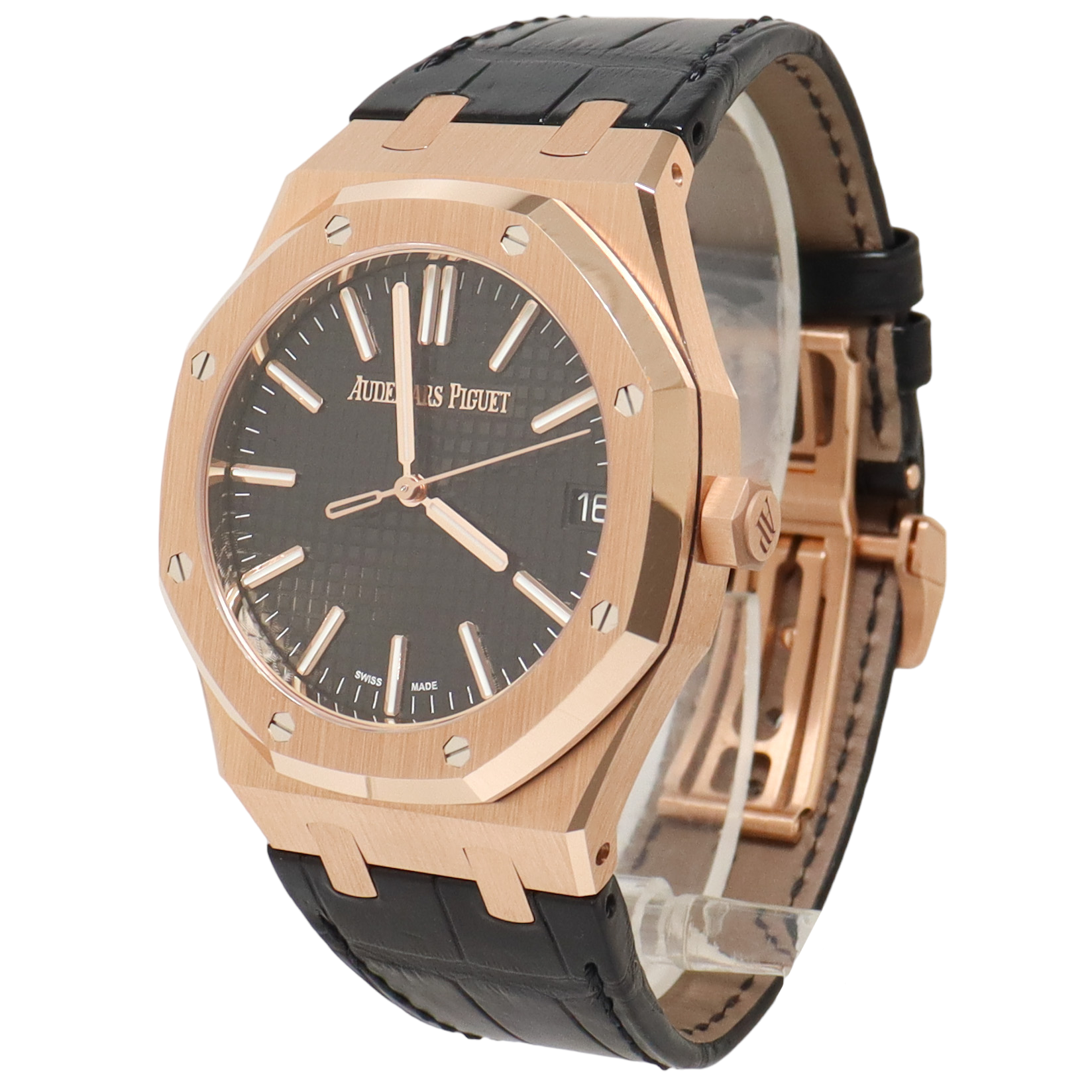 Audemars Piguet Royal Oak 41mm Rose Gold Black Grande Tapisserie Dial Watch Reference# 15500OR.OO.D002CR.01 - Happy Jewelers Fine Jewelry Lifetime Warranty