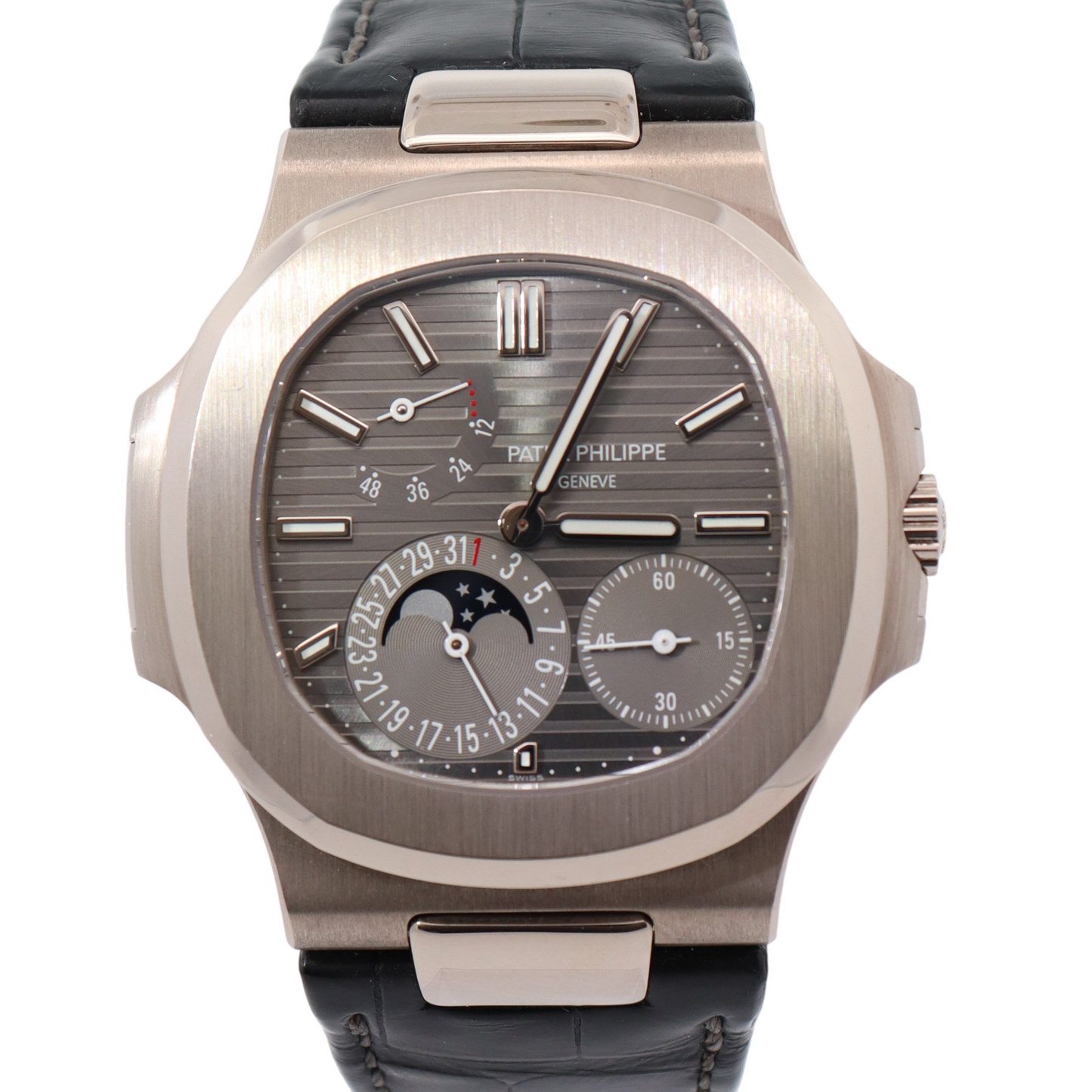 Patek Philippe Moon Phases White Gold 40mm Gray Chronograph Dial Watch Reference#: 5712G-001 - Happy Jewelers Fine Jewelry Lifetime Warranty