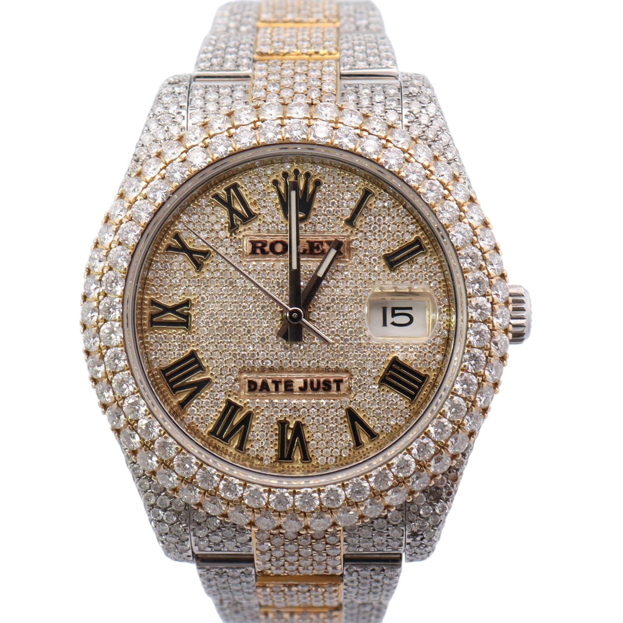 Rolex Datejust II 41mm Fully Iced Out Yellow Gold & Stainless Steel Roman Pave Diamond Dial Watch Reference# 116333 - Happy Jewelers Fine Jewelry Lifetime Warranty