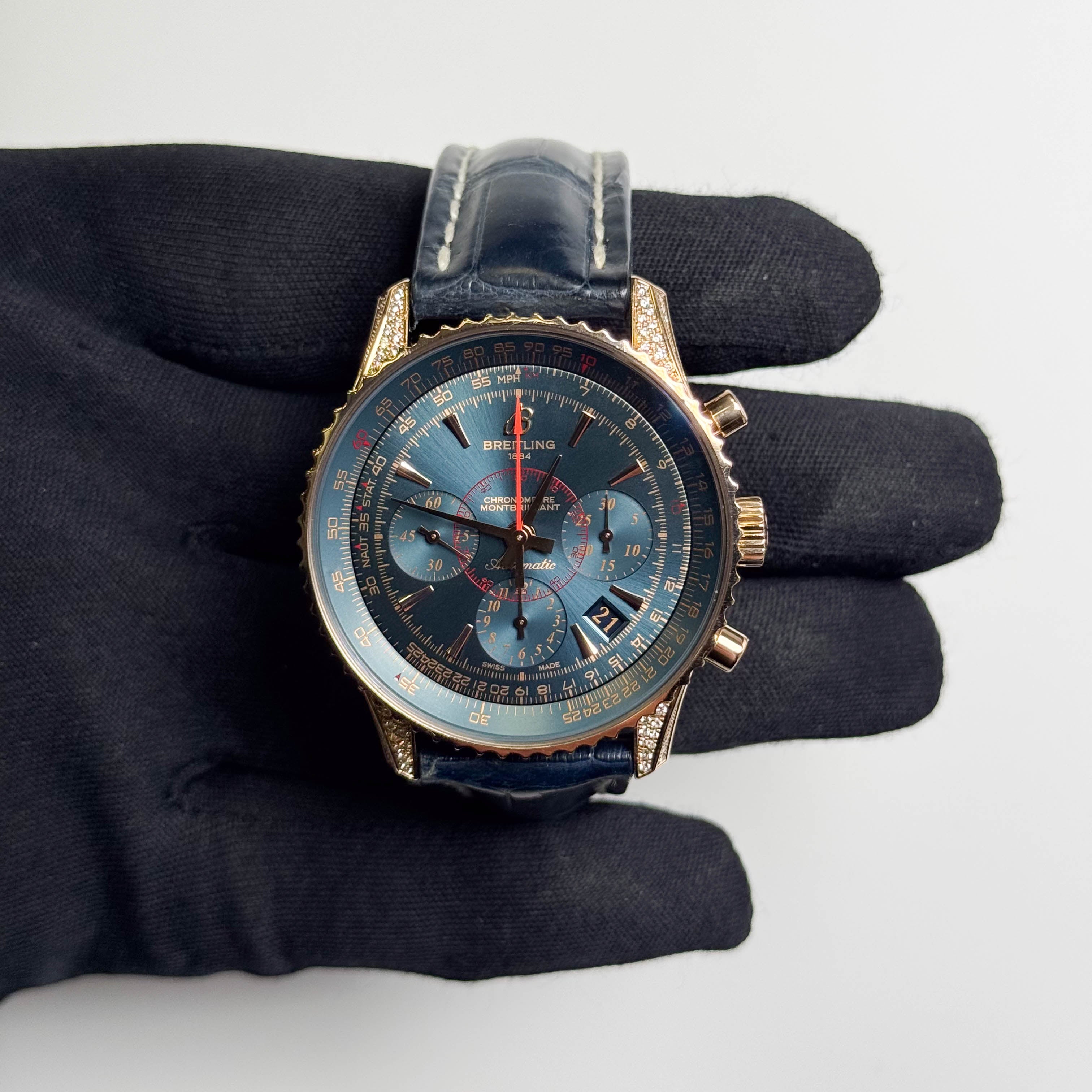 Breitling Montbrilliant 40mm Rose Gold Blue Chronograph Dial Watch Ref# RB0130
