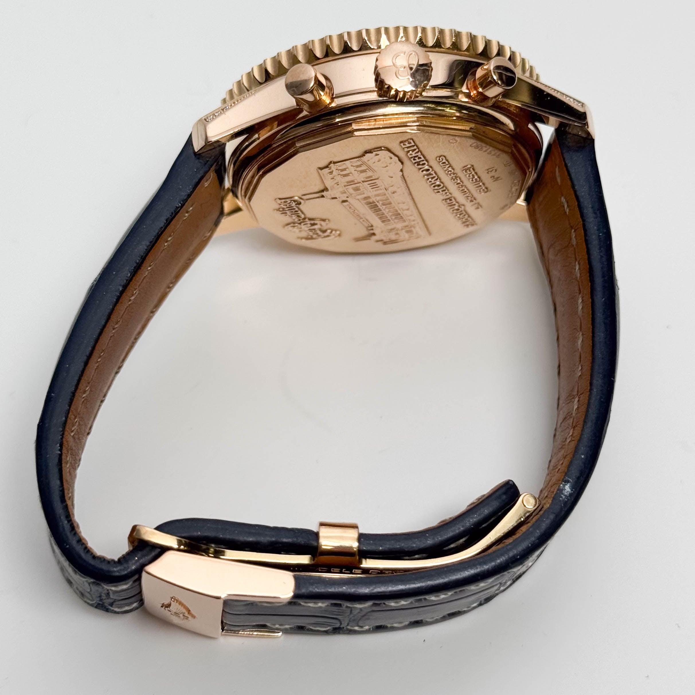 Breitling Montbrilliant 40mm Rose Gold Blue Chronograph Dial Watch Ref# RB0130