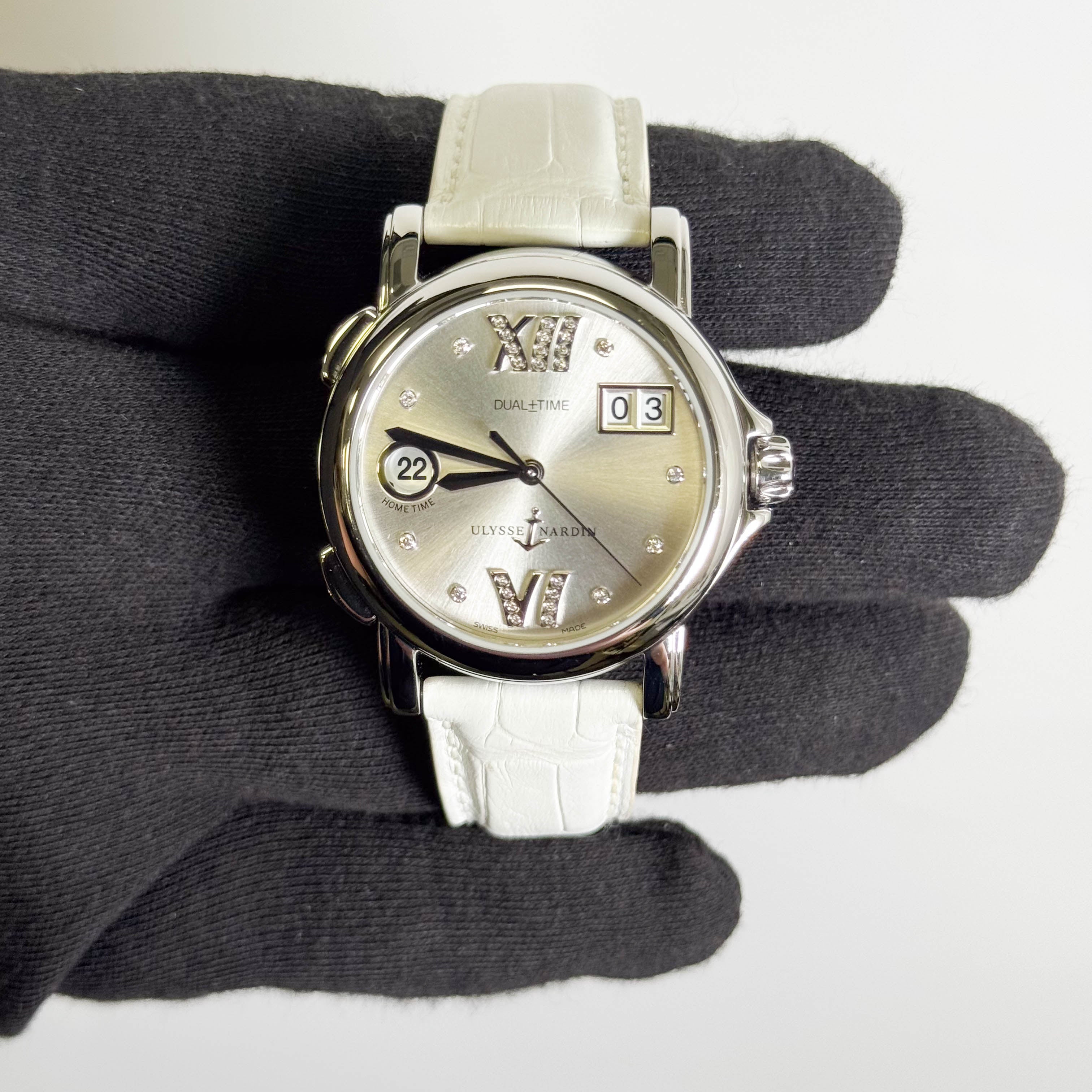 Ulysse Nardin GMT Big Date Dual Time 37mm Silver Diamond Dial Watch Ref# 243-22/391