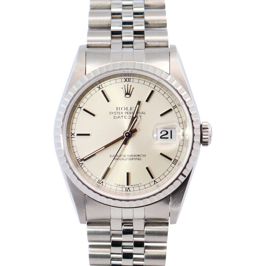 しーま Rolex Datejust 16220 Engine-Turned Bezel Watch 36mm Silver Roman Dial