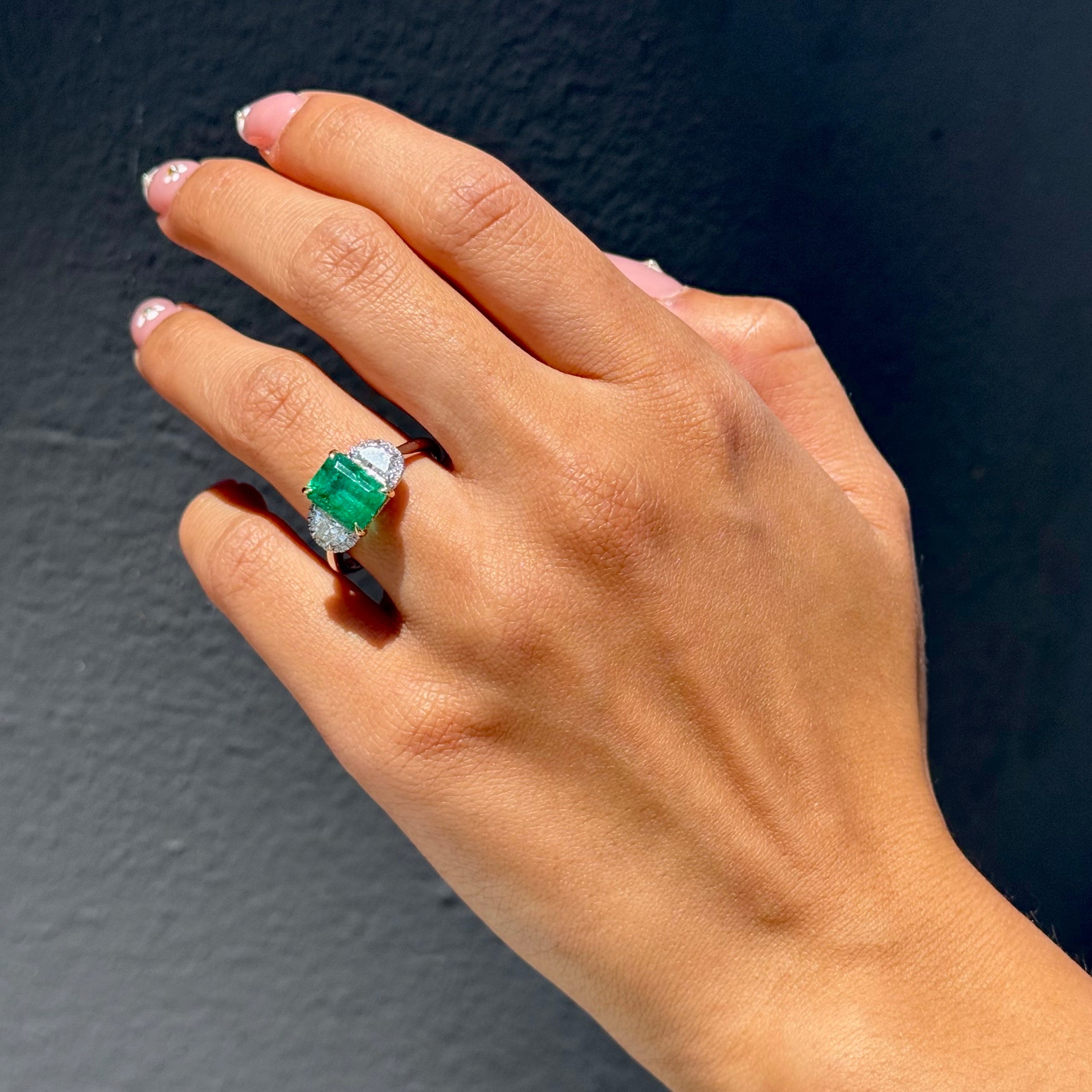 Emerald 3 Stone with Diamond Sidestones Ring - Happy Jewelers Fine Jewelry Lifetime Warranty