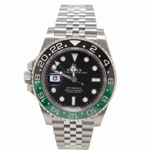 Rolex GMT-Master II "Sprite" Stainless Steel 40mm Black Stick Dial Watch Black & Green Ceramic Bezel SS Jubilee Bracelet | Ref# 126720VTNR - Happy Jewelers Fine Jewelry Lifetime Warranty