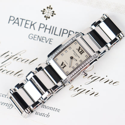 Patek Philippe Twenty-4 TIFFANY & CO. 25mm White Dial Watch Ref# 4910/10A-011 - Happy Jewelers Fine Jewelry Lifetime Warranty