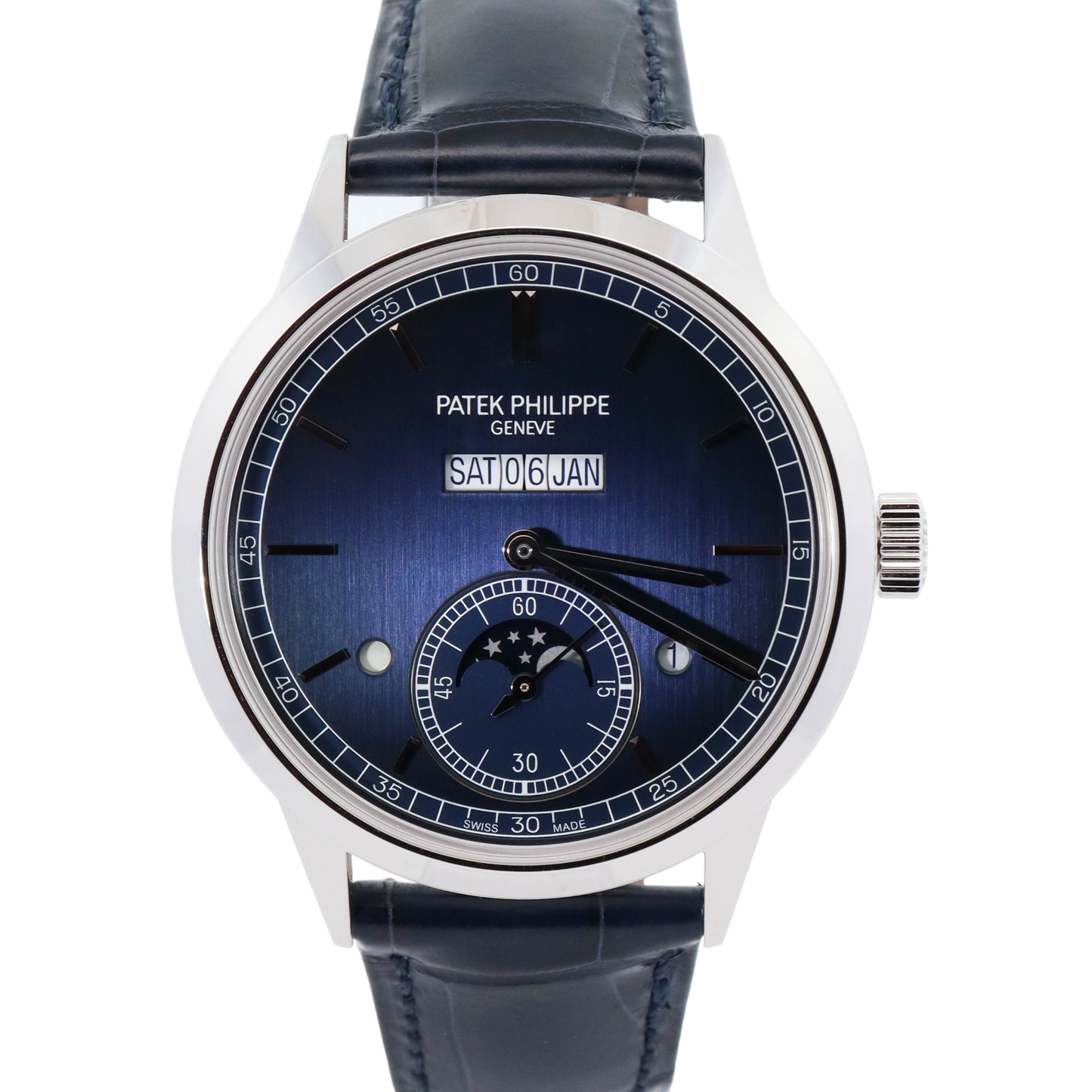 Patek Philippe Perpetual Calendar Platinum 41mm Blue Stick Dial Watch Reference#: 5236P-001 - Happy Jewelers Fine Jewelry Lifetime Warranty