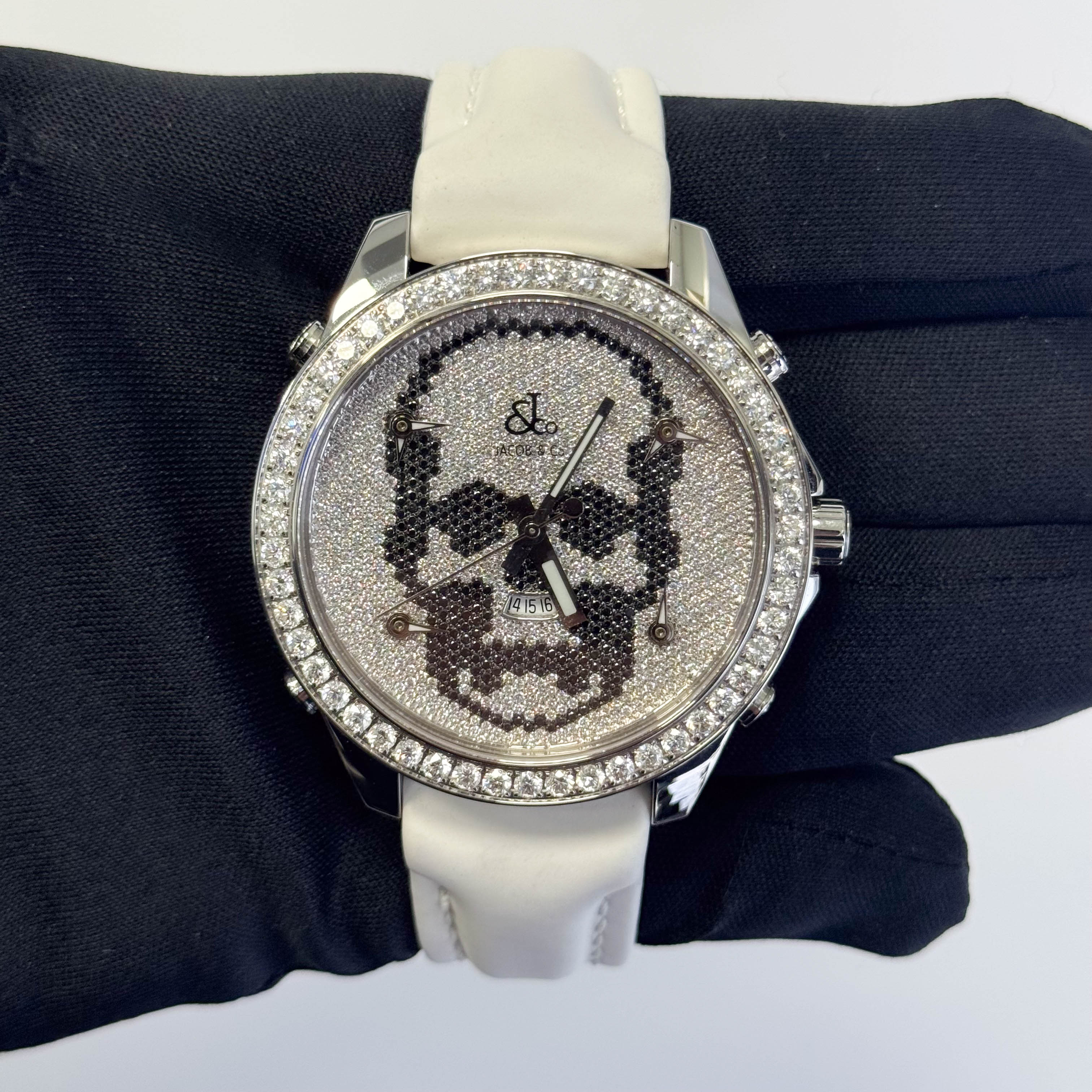 Jacob Co. Black Band Five Time Zone 40mm Diamond Skull Dial Watch Ref# JCM-SKULL