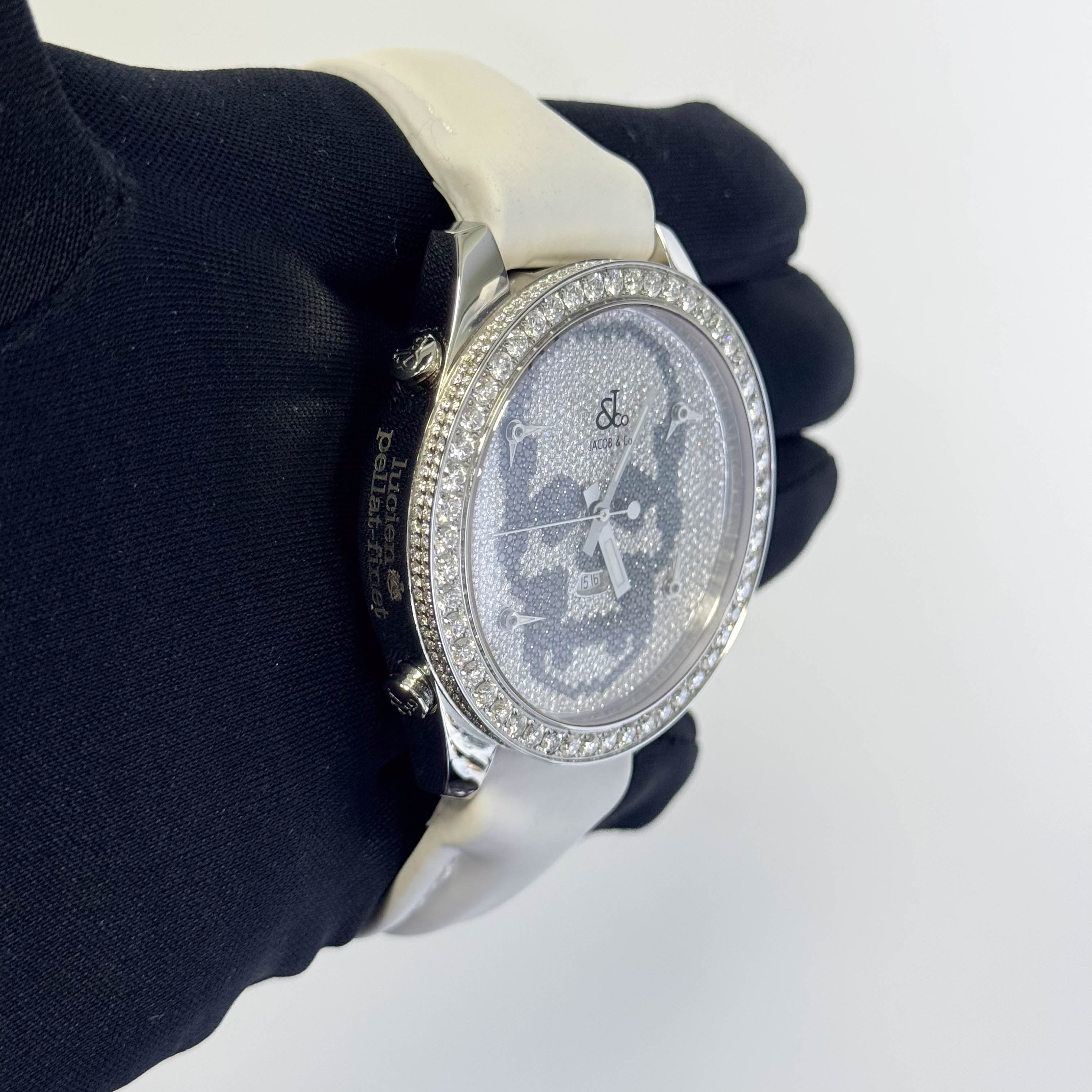 Jacob Co. Black Band Five Time Zone 40mm Diamond Skull Dial Watch Ref# JCM-SKULL