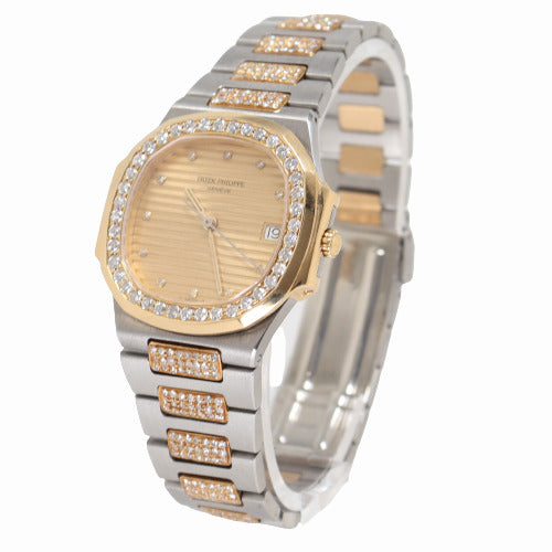 Patek Philippe Ladies Nautilus Two Tone Yellow Gold and Stainless Steel 33mm Champagne Diamond Dial Watch - Happy Jewelers Fine Jewelry Lifetime Warranty