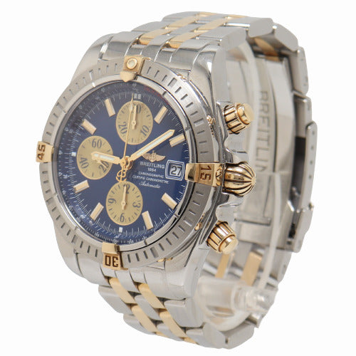 Breitling Men's Chronomat Evolution 18K Yellow Gold & Steel 43mm Blue Stick Dial Watch Reference# B13356 - Happy Jewelers Fine Jewelry Lifetime Warranty