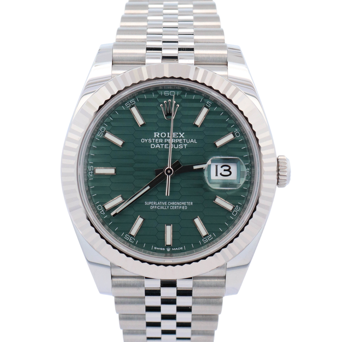 Rolex Datejust 41 Stainless Steel Mint Green Fluted Motiff Dial Watch Reference# 126334 - Happy Jewelers Fine Jewelry Lifetime Warranty