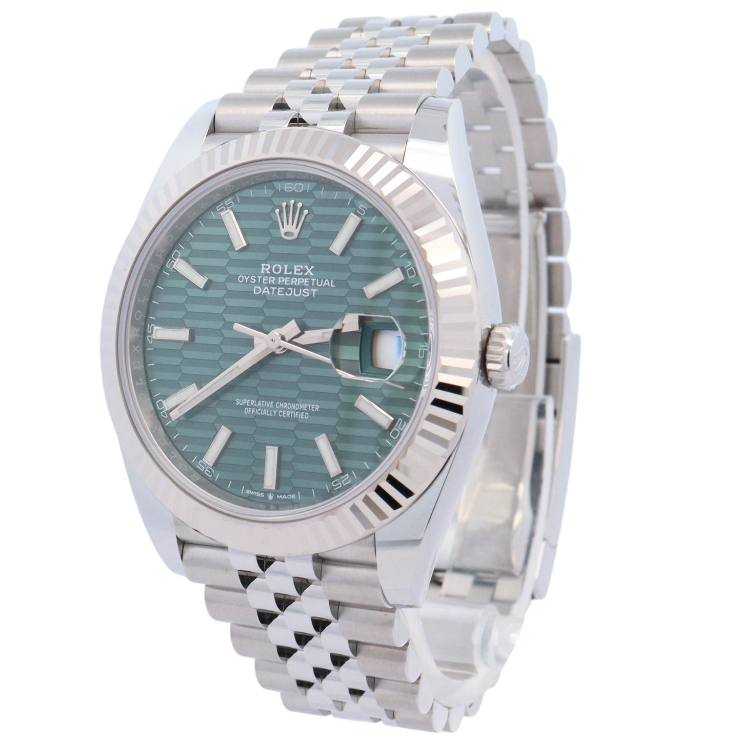 Rolex Datejust 41 Stainless Steel Mint Green Fluted Motiff Dial Watch Reference# 126334 - Happy Jewelers Fine Jewelry Lifetime Warranty