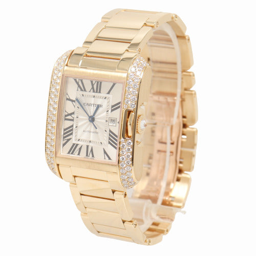 Cartier Mens Tank Anglaise Yellow Gold 39mm Silver Roman Dial Watch Reference# WT100006 - Happy Jewelers Fine Jewelry Lifetime Warranty