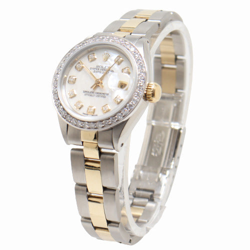 Rolex Ladies Datejust Two Tone Yellow Gold and Stainless Steel 26mm Custom White MOP Diamond Dial Watch Reference# 69173 - Happy Jewelers Fine Jewelry Lifetime Warranty