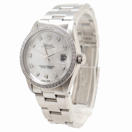 Rolex Date Stainless Steel 34mm Custom White MOP Diamond Dial Watch Reference# 1501 - Happy Jewelers Fine Jewelry Lifetime Warranty