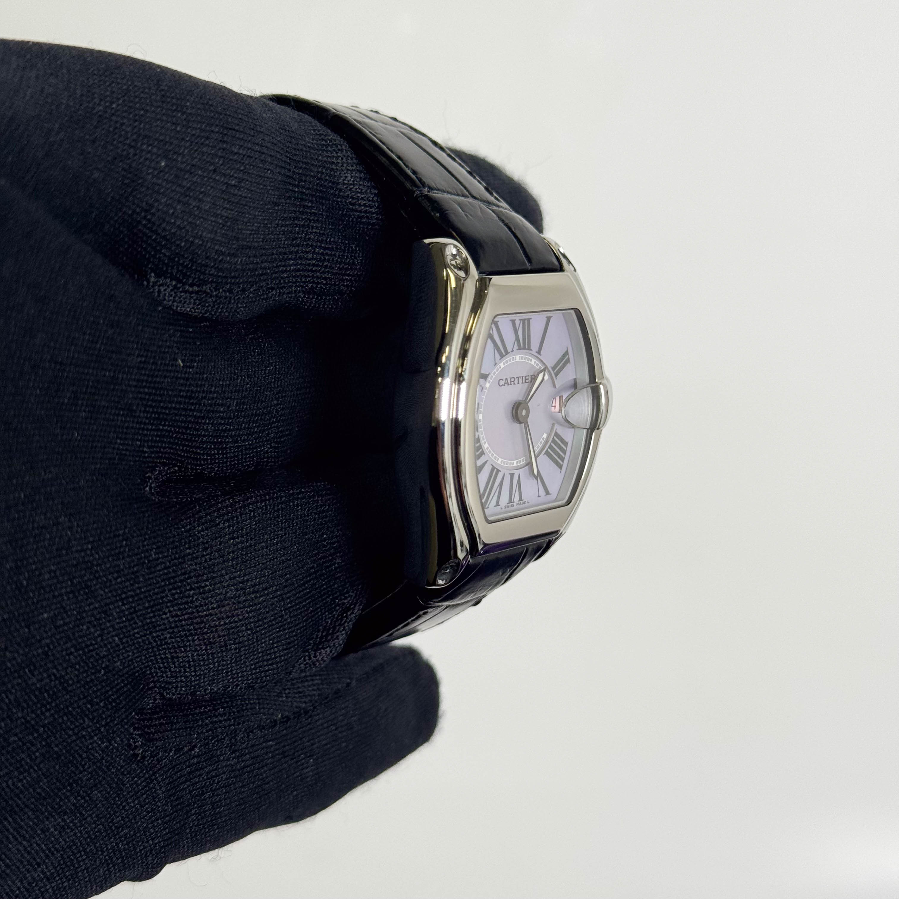 Cartier Roadster 32mm Stainless Steel Purple MOP Roman Dial Watch