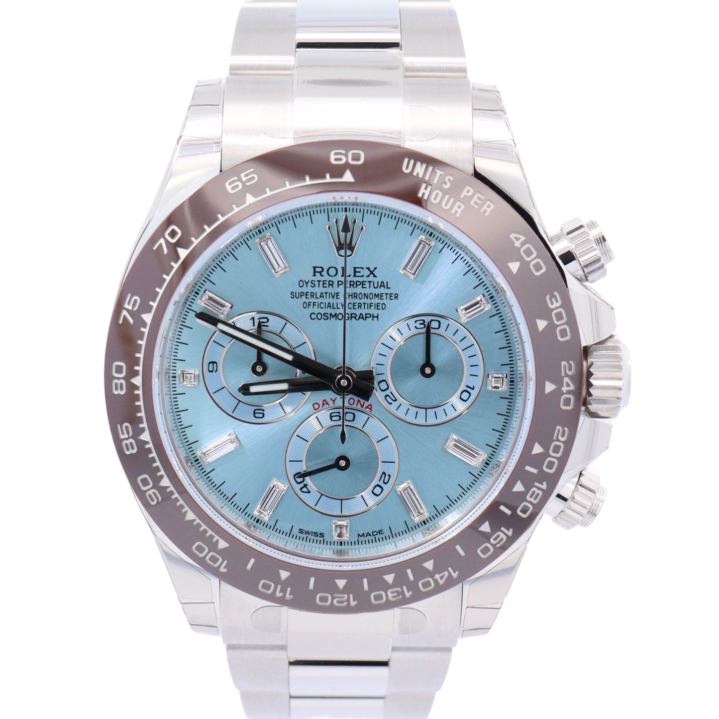 Rolex Daytona 40mm Platinum Ice Blue Baguette Dial Watch Reference# 116506