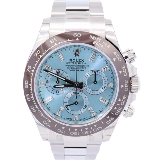 Rolex Daytona 40mm Platinum Ice Blue Baguette Dial Watch Reference# 116506