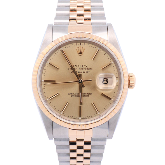 Rolex Datejust 36mm Yellow Gold & Stainless Steel Champagne Stick Dial Watch Reference# 16233