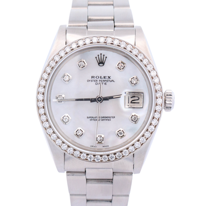 Rolex Oyster Perpetual Date 34mm Stainless Steel Custom White MOP Diamond Dial Watch Reference# 1501 - Happy Jewelers Fine Jewelry Lifetime Warranty