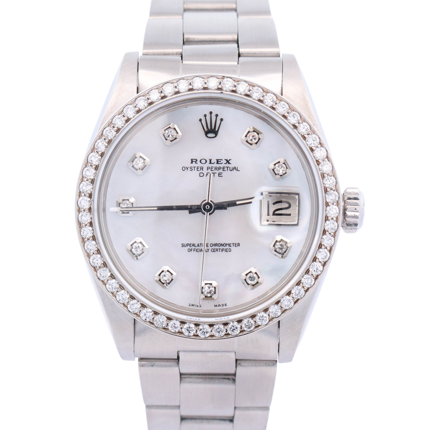 Rolex Oyster Perpetual Date 34mm Stainless Steel Custom White MOP Diamond Dial Watch Reference# 1501