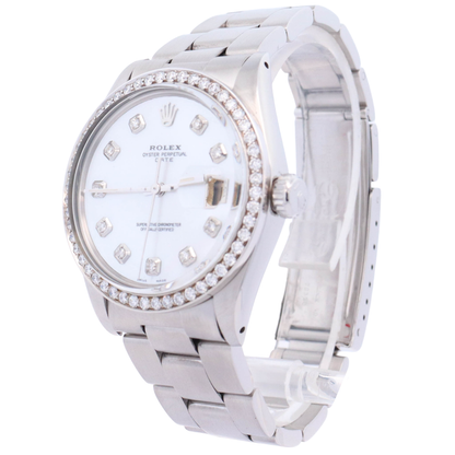 Rolex Oyster Perpetual Date 34mm Stainless Steel Custom White MOP Diamond Dial Watch Reference# 1501 - Happy Jewelers Fine Jewelry Lifetime Warranty