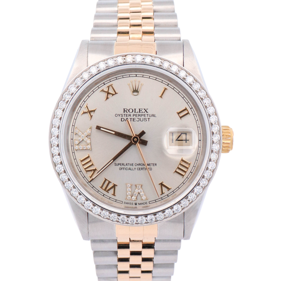 Rolex Datejust 36mm Yellow Gold & Steel Silver Roman Diamond #6 & #9 Dial Watch Reference# 16013