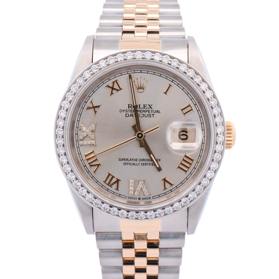 Rolex Datejust 36mm Yellow Gold & Steel Silver Roman Diamond #6 & #9 Dial Watch Reference# 16233