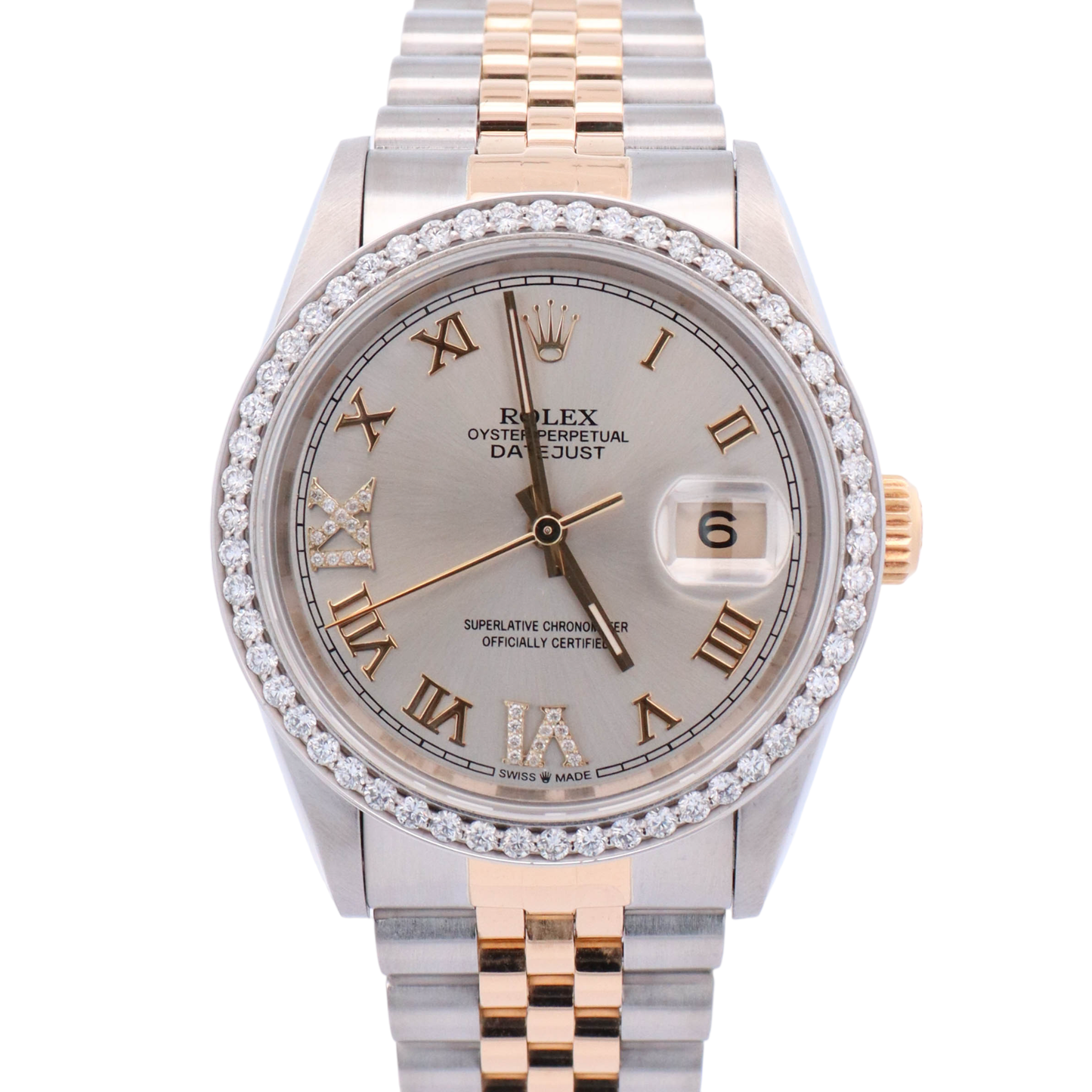 Rolex Datejust Two-Tone Stainless Steel & Yellow Gold 36mm Silver Roman Diamond #6 & #9 Dial Watch Reference #: 16233 - Happy Jewelers Fine Jewelry Lifetime Warranty