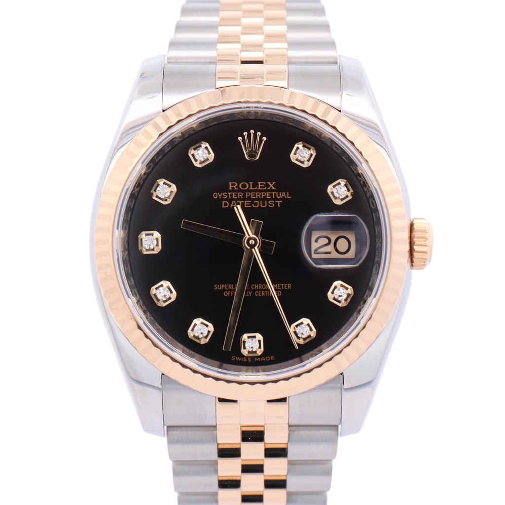 Rolex Datejust Two Tone Yellow Gold & Steel 36mm Black Diamond Dial Watch Reference#: 116233 - Happy Jewelers Fine Jewelry Lifetime Warranty