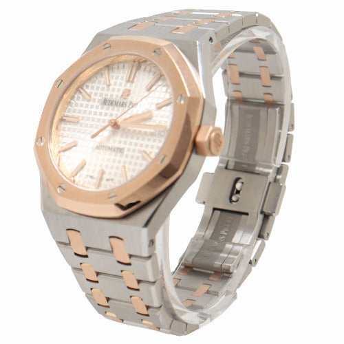 Audemars Piguet Ladies Royal Oak Two Tone Rose Gold and Stainless Steel 37mm White "Grande Tapisserie" Dial Watch Reference# 15450SR.OO.1256SR.01 - Happy Jewelers Fine Jewelry Lifetime Warranty