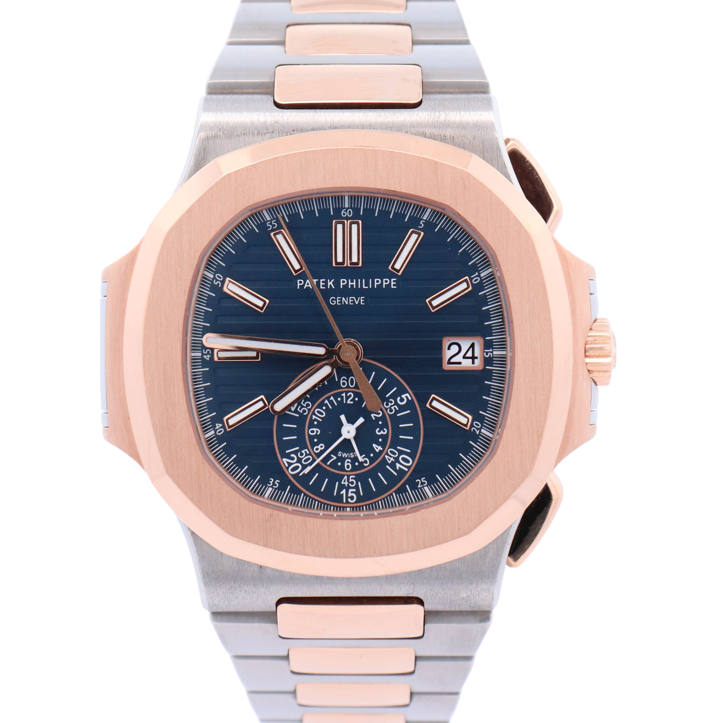 Patek Philippe Nautilus 40mm Rose Gold & Stainless Steel Blue Gradient Stick Dial Watch Reference# 5980/1AR - Happy Jewelers Fine Jewelry Lifetime Warranty