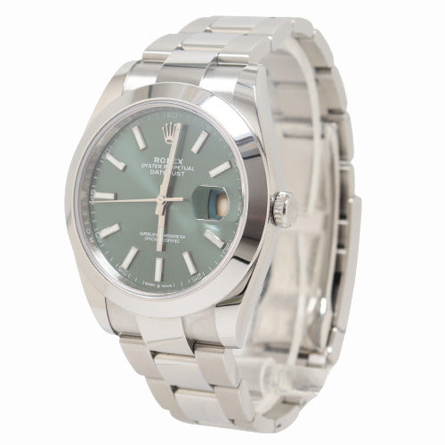 Rolex Men's Datejust Stainless Steel 41mm Mint Green Stick Dial Watch Reference# 126300 - Happy Jewelers Fine Jewelry Lifetime Warranty