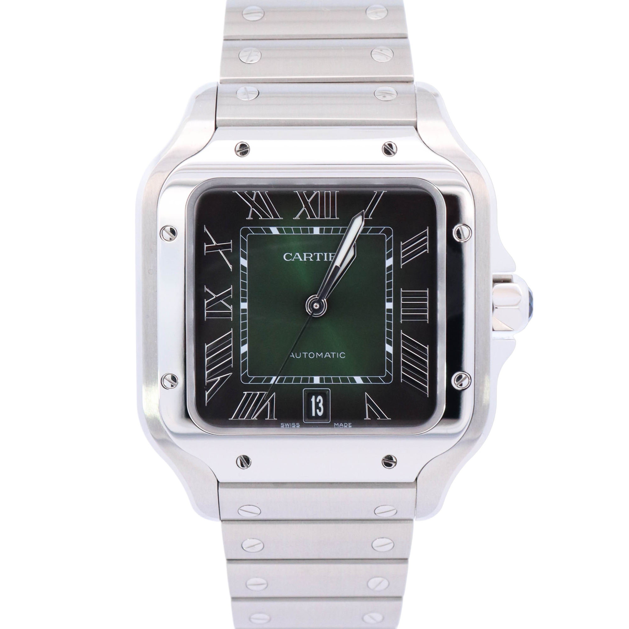 Cartier Santos 40mm Stainless Steel Green Roman Dial Watch Reference# WSSA0062 - Happy Jewelers Fine Jewelry Lifetime Warranty