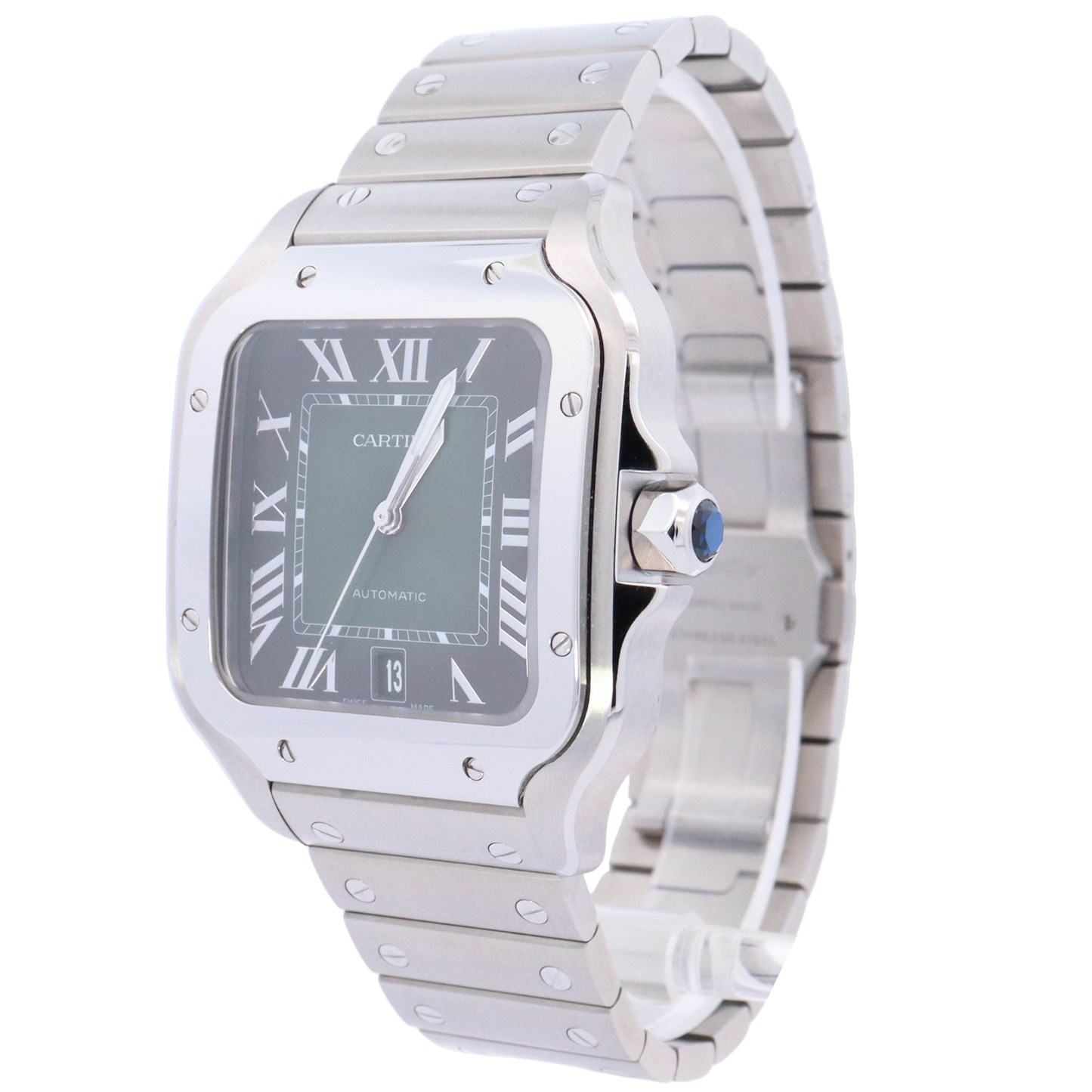 Cartier Santos 40mm Stainless Steel Green Roman Dial Watch Reference# WSSA0062 - Happy Jewelers Fine Jewelry Lifetime Warranty