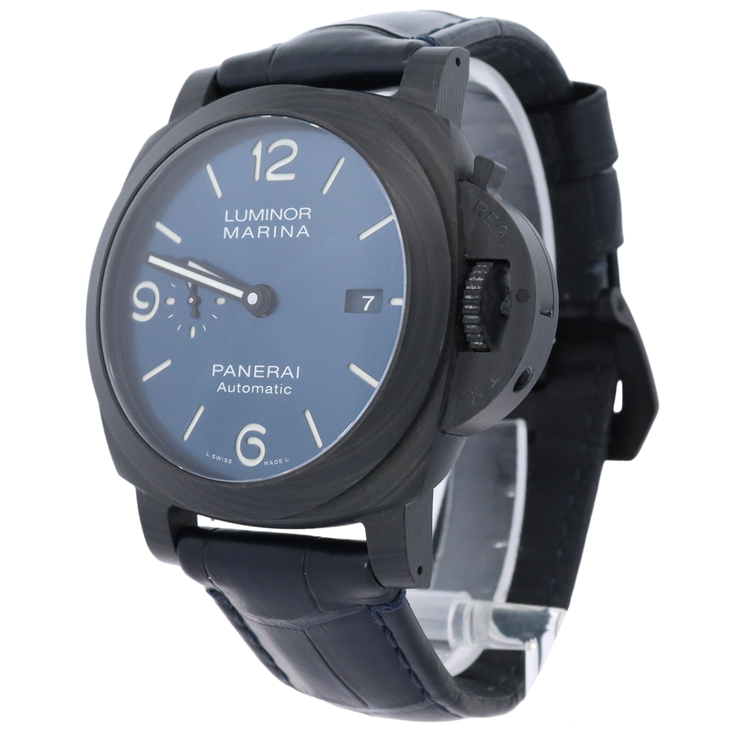 Panerai Luminor Marina 44mm Carbon Blue Arabic & Stick Dial Watch Reference# PAM01664 - Happy Jewelers Fine Jewelry Lifetime Warranty