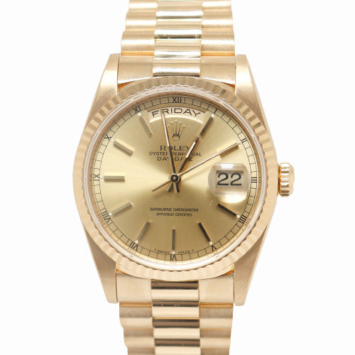 Rolex Day-Date Yellow Gold 36mm Champagne Stick Dial Watch Reference #: 18238 - Happy Jewelers Fine Jewelry Lifetime Warranty