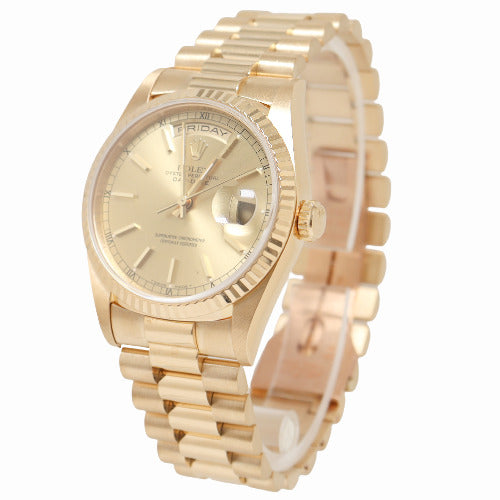 Rolex Day-Date Yellow Gold 36mm Champagne Stick Dial Watch Reference #: 18238 - Happy Jewelers Fine Jewelry Lifetime Warranty