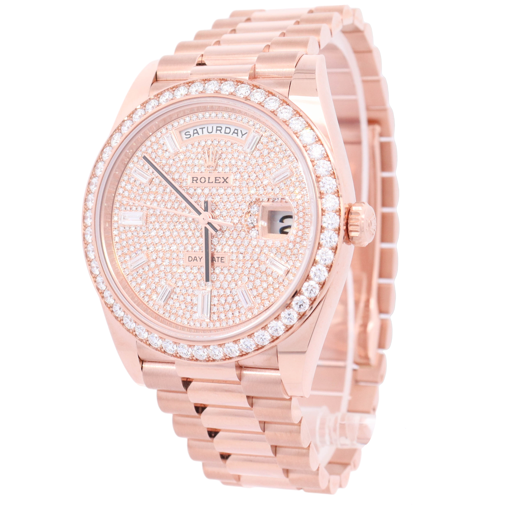 Rolex Day Date 40mm Everose Gold Factory Pave Baguette Dial Watch Reference# 228345RBR - Happy Jewelers Fine Jewelry Lifetime Warranty