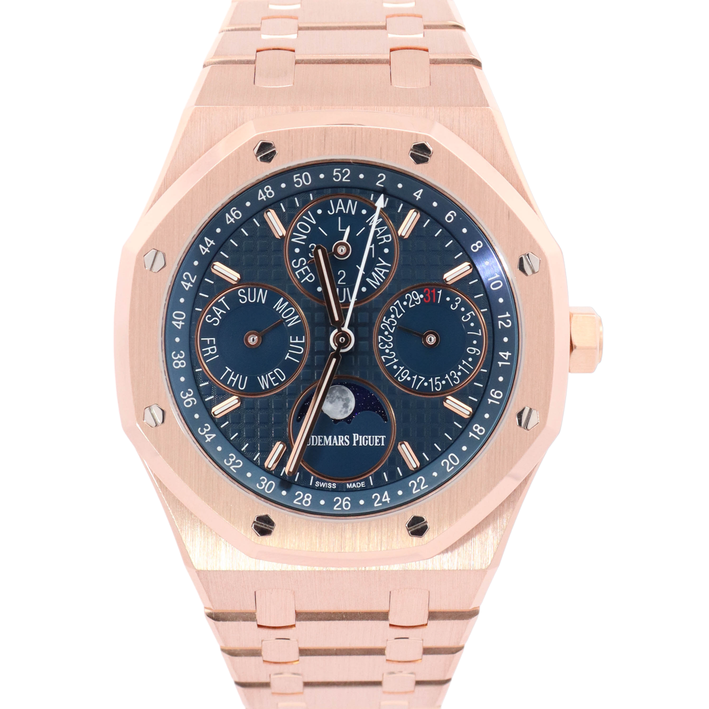 Audemars Piguet Royal Oak Perpetual Calendar 41mm Rose Gold Blue "Grande Tapisserie" Stick Dial Watch Reference# 26574OR.OO.1220OR.03 - Happy Jewelers Fine Jewelry Lifetime Warranty
