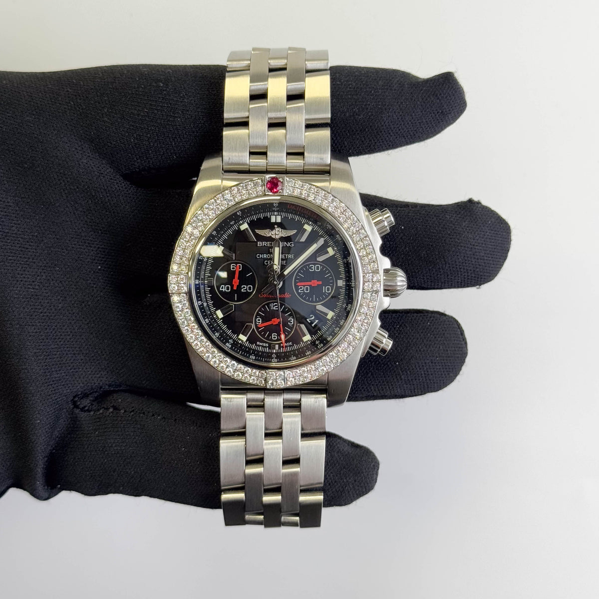 Breitling Chronomat 01 Steel 43.5mm Black Chronograph dial Watch Custom Diamond Bezel Steel Bracelet Ref# AB011110/BA50