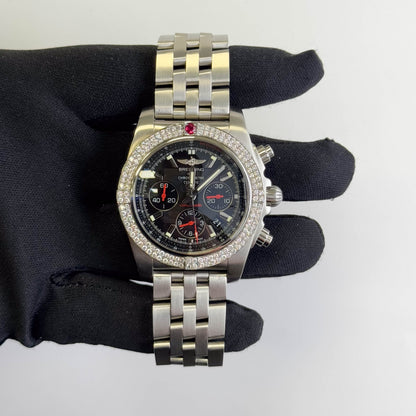 Breitling Chronomat 01 Steel 43.5mm Black Chronograph dial Watch Custom Diamond Bezel Steel Bracelet Ref# AB011110/BA50